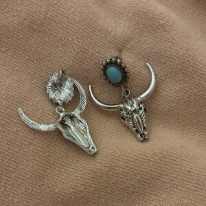 Silver Bull Skull Earrings with Turquoise Accent